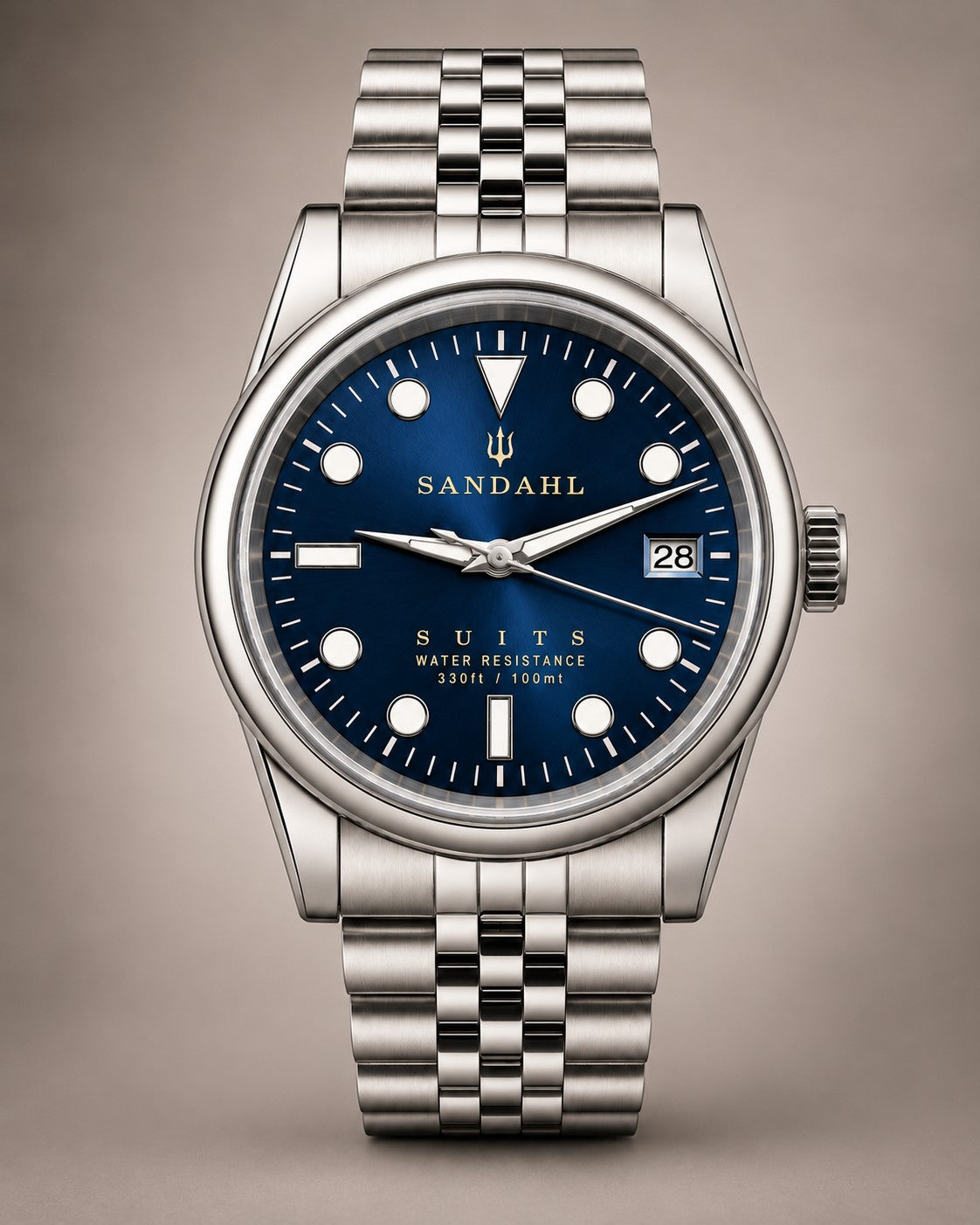 SANDAHL SUITS Midnight Navy with a navy blue dial and Jubilee-style stainless steel bracelet, viewed from the front.