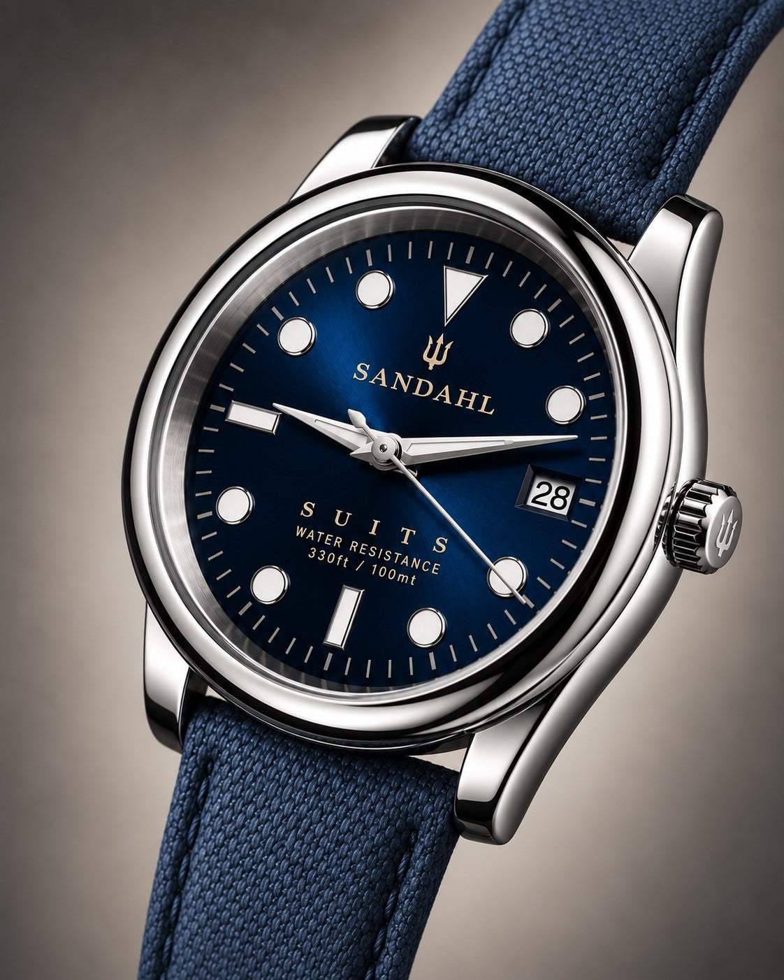 SANDAHL SUITS Midnight Navy with a navy blue dial and blue textile strap, viewed at an angle.