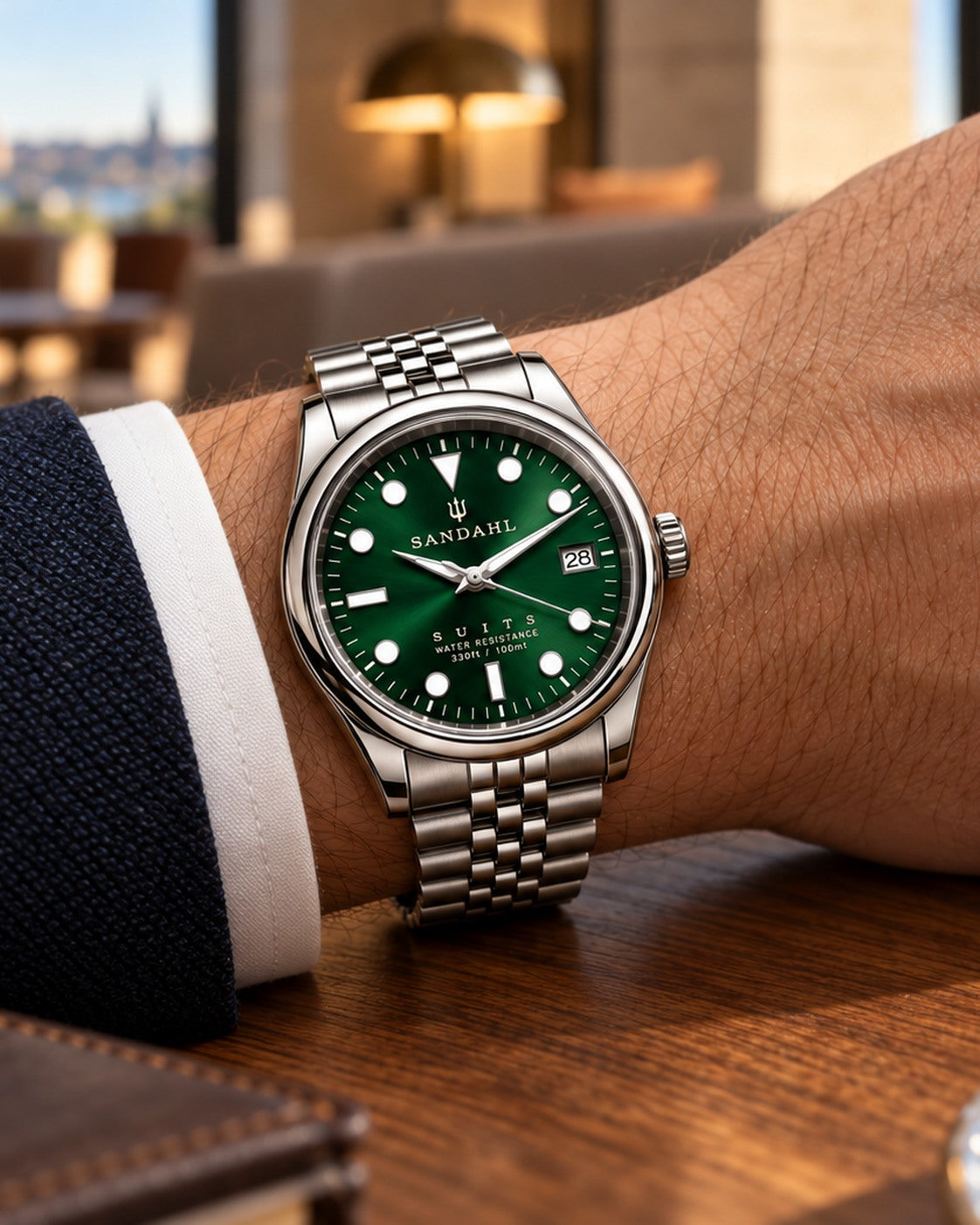 SANDAHL SUITS Regent Green with a green sunburst dial and Jubilee bracelet, worn on the left wrist with a navy blazer in an elegant lounge.
