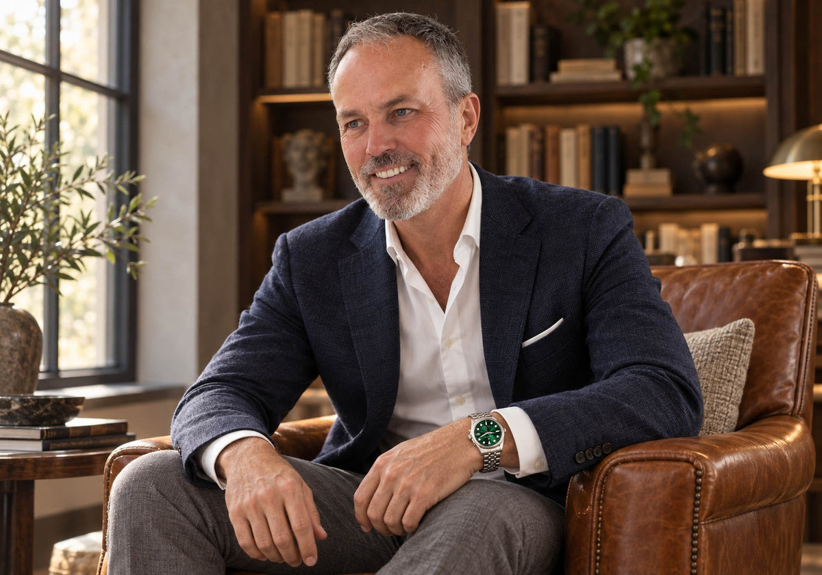 Man in a navy blazer wearing a SANDAHL SUITS Regent Green watch with a stainless steel Jubilee bracelet, seated in a warm library lounge.