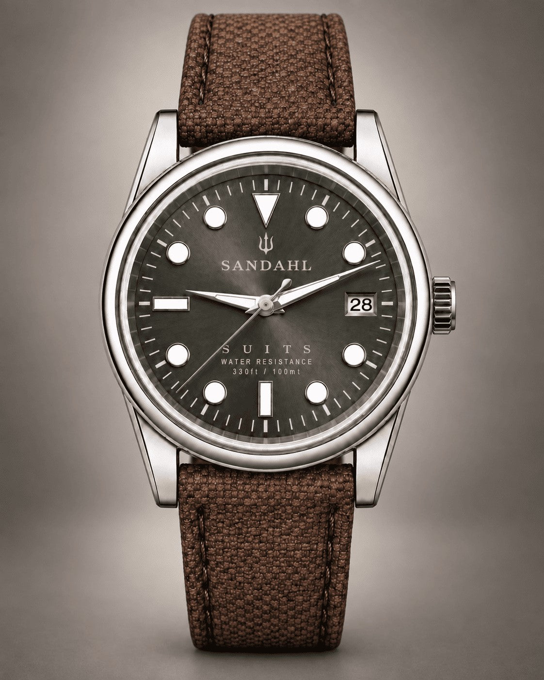 SANDAHL SUITS Savile Taupe with a taupe dial with olive reflections and brown textile strap, viewed from the front.