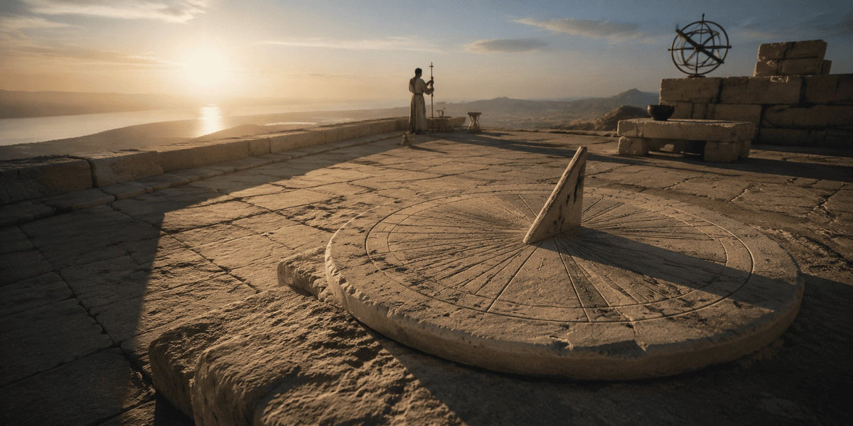 Illustration of a stone sundial in warm sunset light, introducing the history of timekeeping.