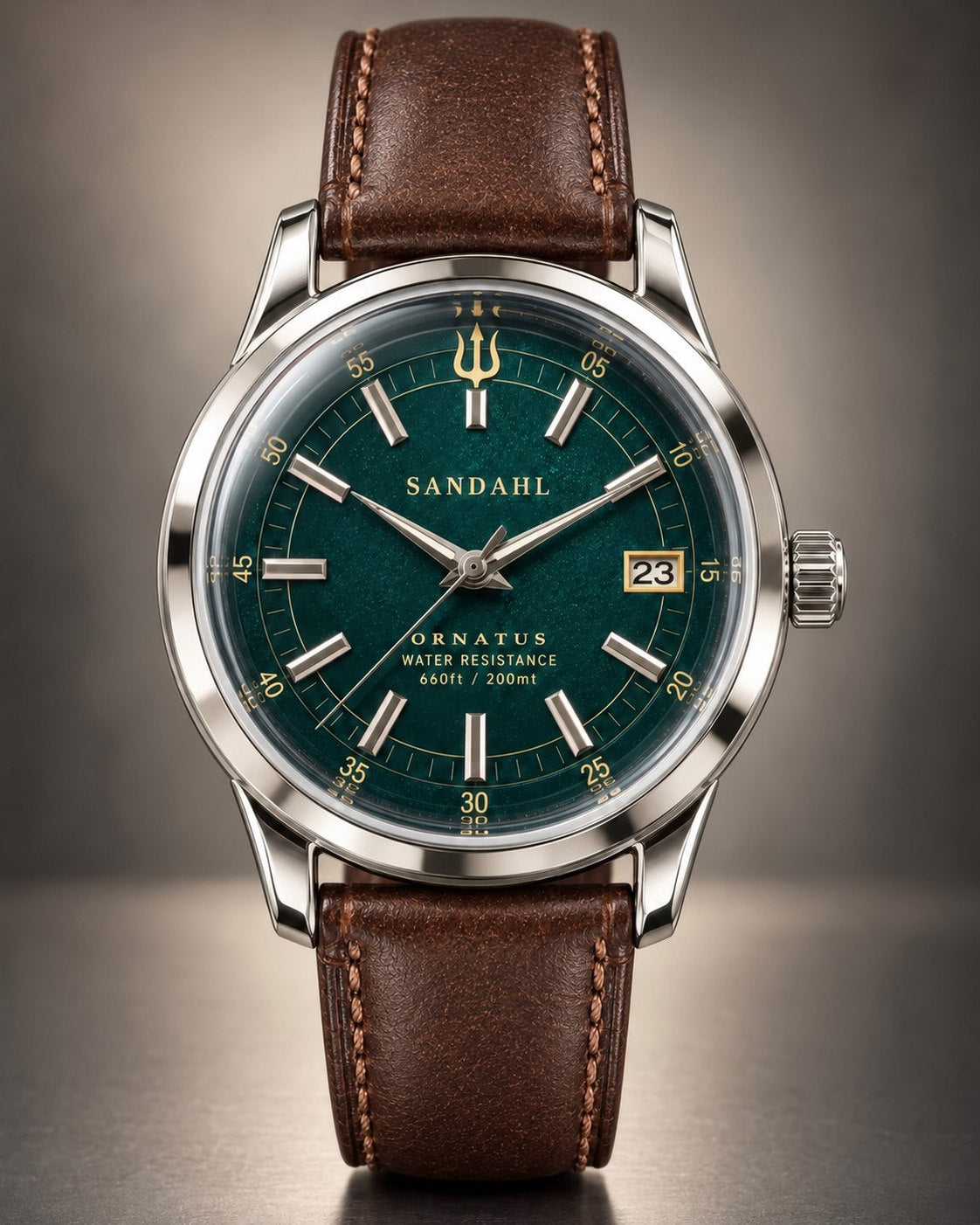 Front view of the SANDAHL ORNATUS Malachite watch with a green dial, polished stainless steel case and brown leather strap.