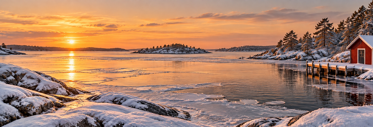 Winter sunset over the Swedish archipelago, with snow-covered granite rocks, a partly frozen inlet and a red boathouse beside a wooden jetty.
