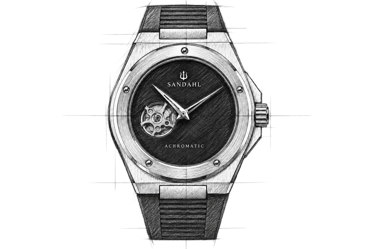 Design sketch of the SANDAHL ACHROMATIC open-heart watch, showing the integrated case, dial and exposed mechanical movement in landscape image.