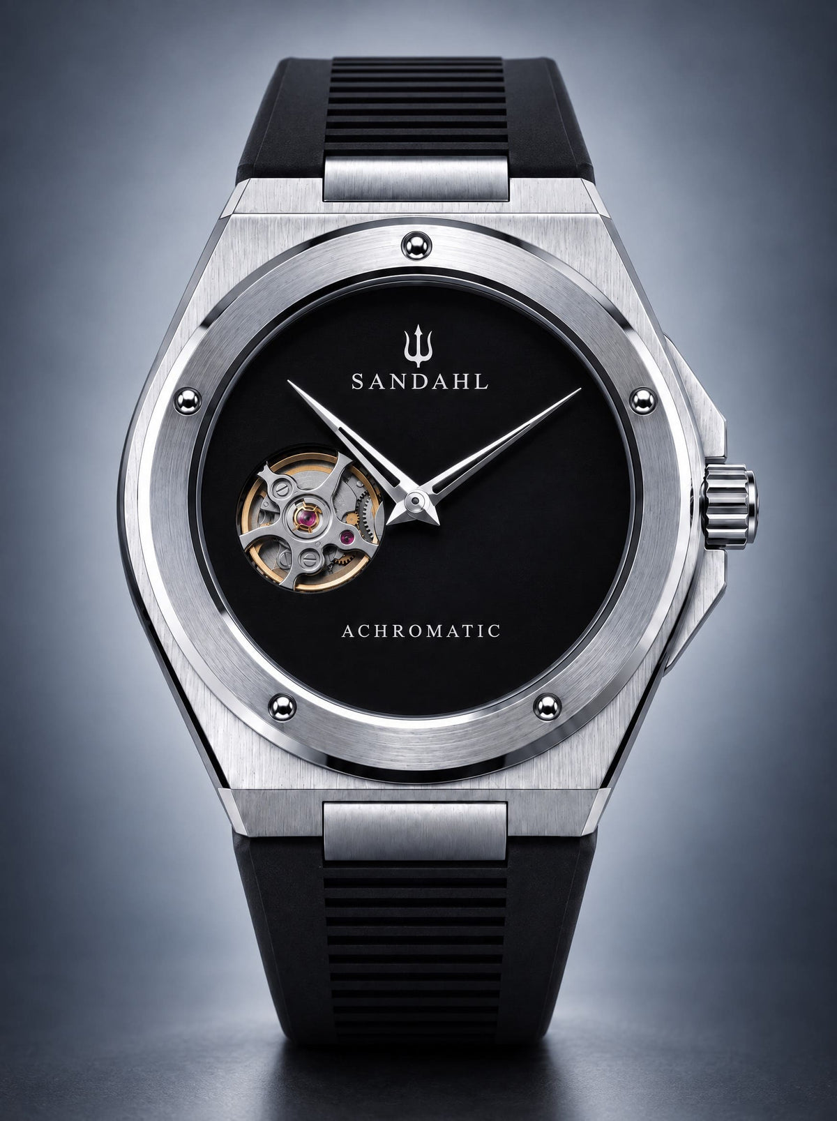 SANDAHL ACHROMATIC Musou with a black open-heart dial and black rubber strap, viewed from the front.