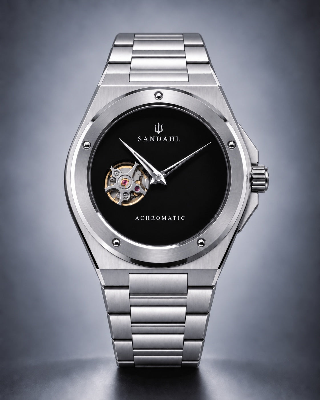 SANDAHL ACHROMATIC Musou with a black open-heart dial and steel bracelet, viewed from the front.