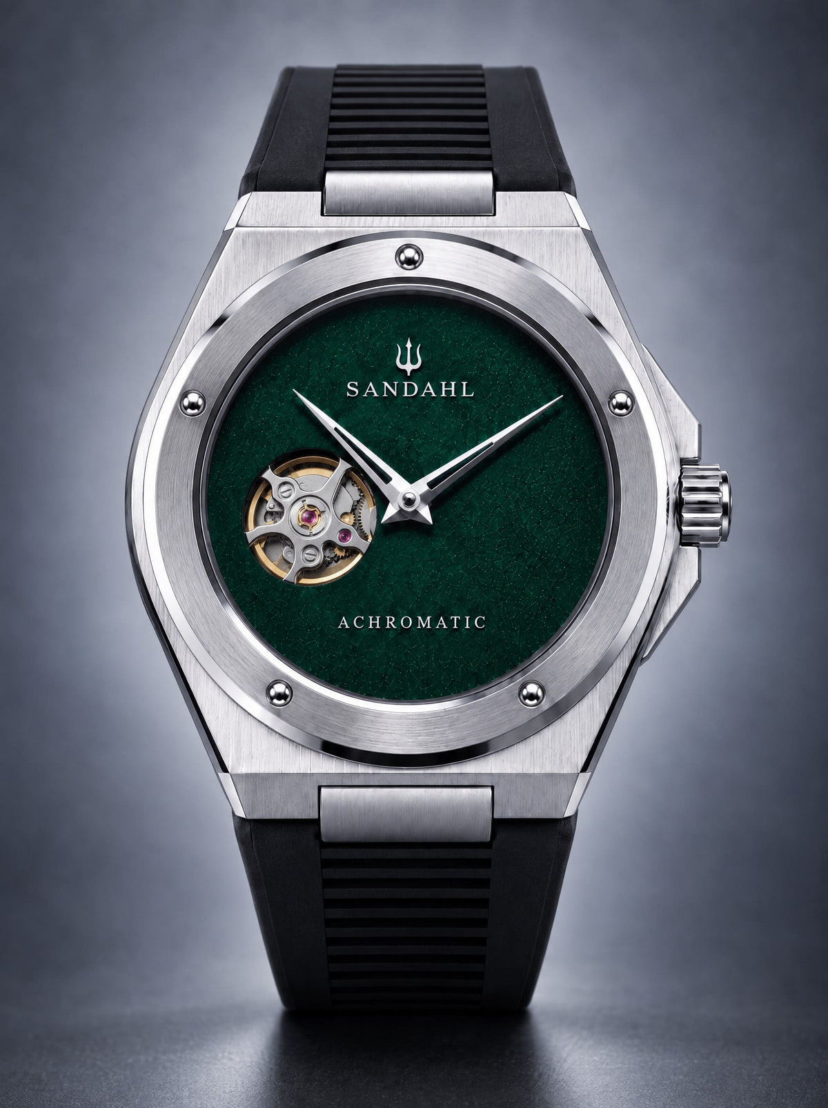 SANDAHL ACHROMATIC Petrol with a green open-heart dial and black rubber strap, viewed from the front.