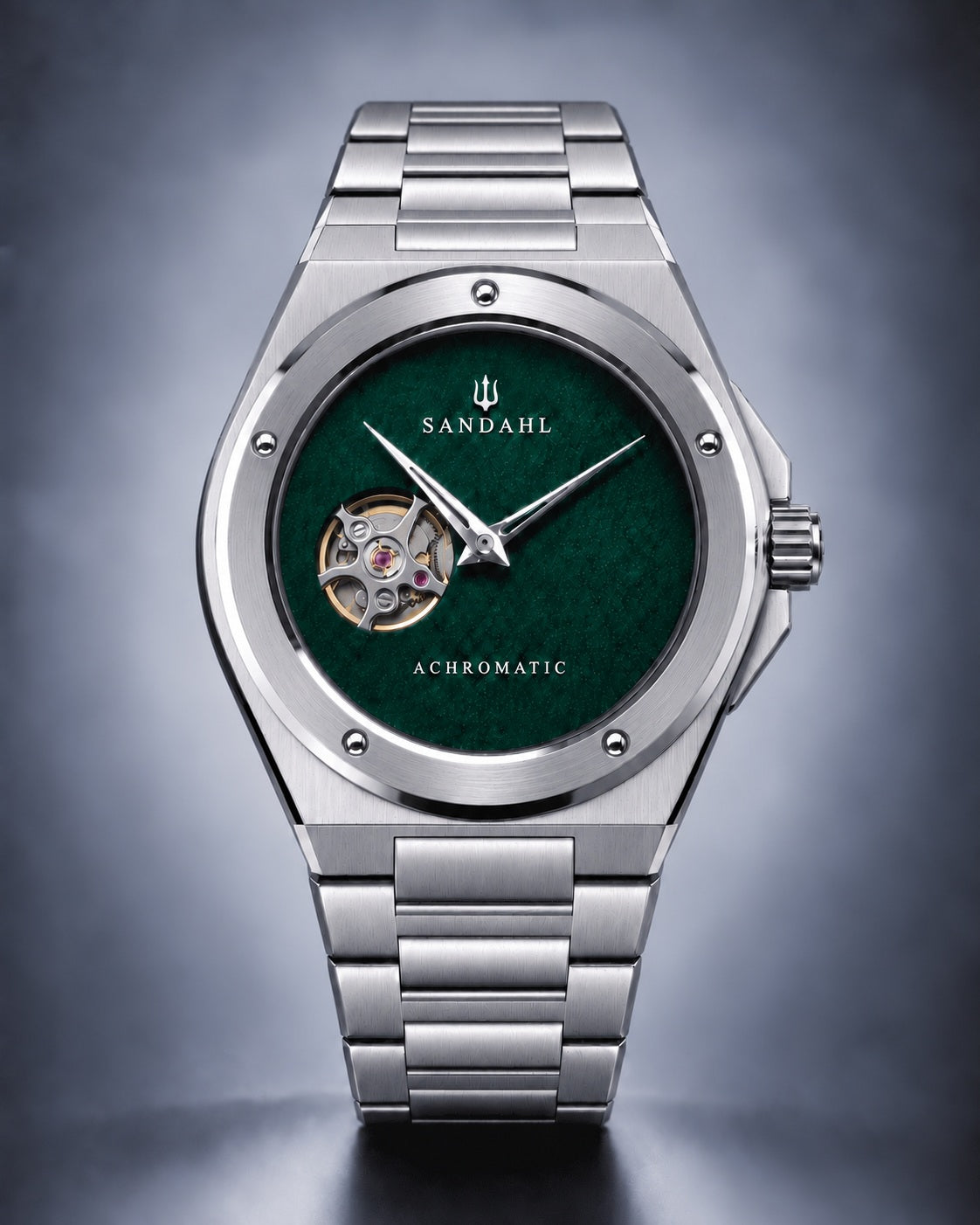 SANDAHL ACHROMATIC Petrol with a green open-heart dial and stainless steel bracelet, viewed from the front.