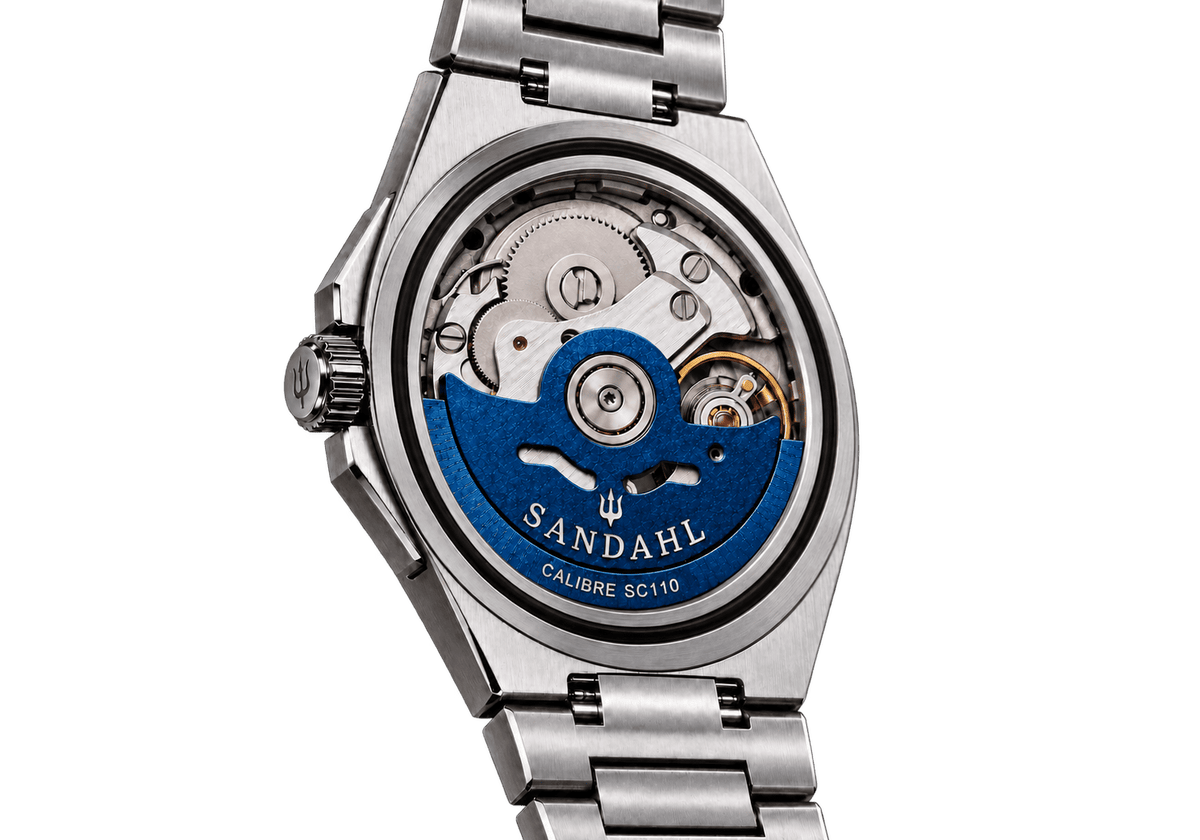 Rear view of SANDAHL ACHROMATIC showing the automatic movement and blue rotor engraved CALIBRE SC110.