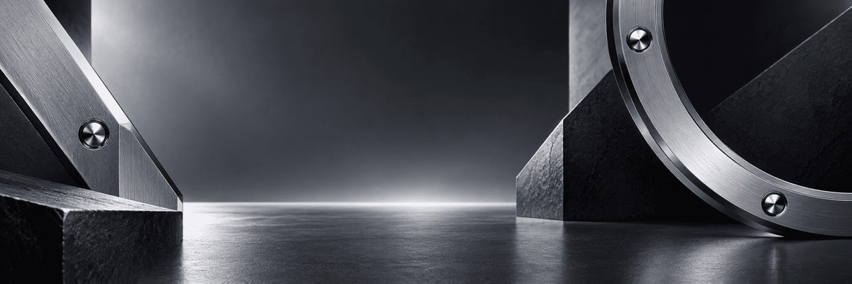 Sculptural steel watch-case details framing a dark architectural space with reflected light.