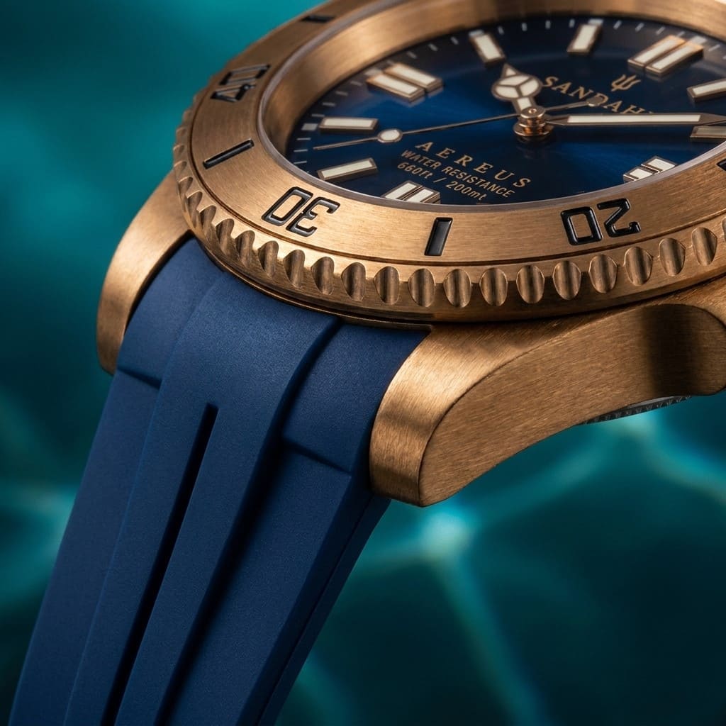 Close-up of the SANDAHL AEREUS Abyss blue brushed bronze case, scalloped dive bezel and black rubber strap.