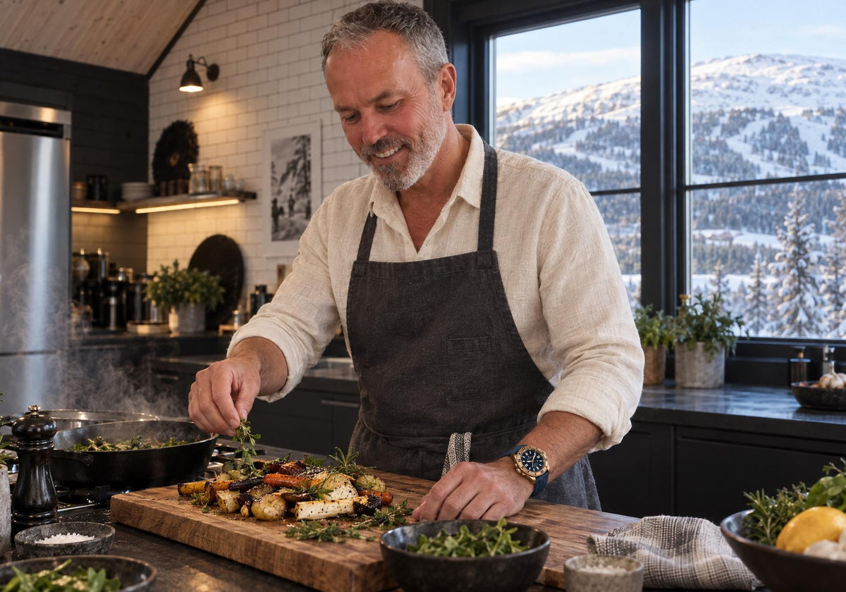 Man wearing a abyss blue SANDAHL AEREUS bronze watch while cooking at a wooden chopping board beside a snowy mountain view in Åre.