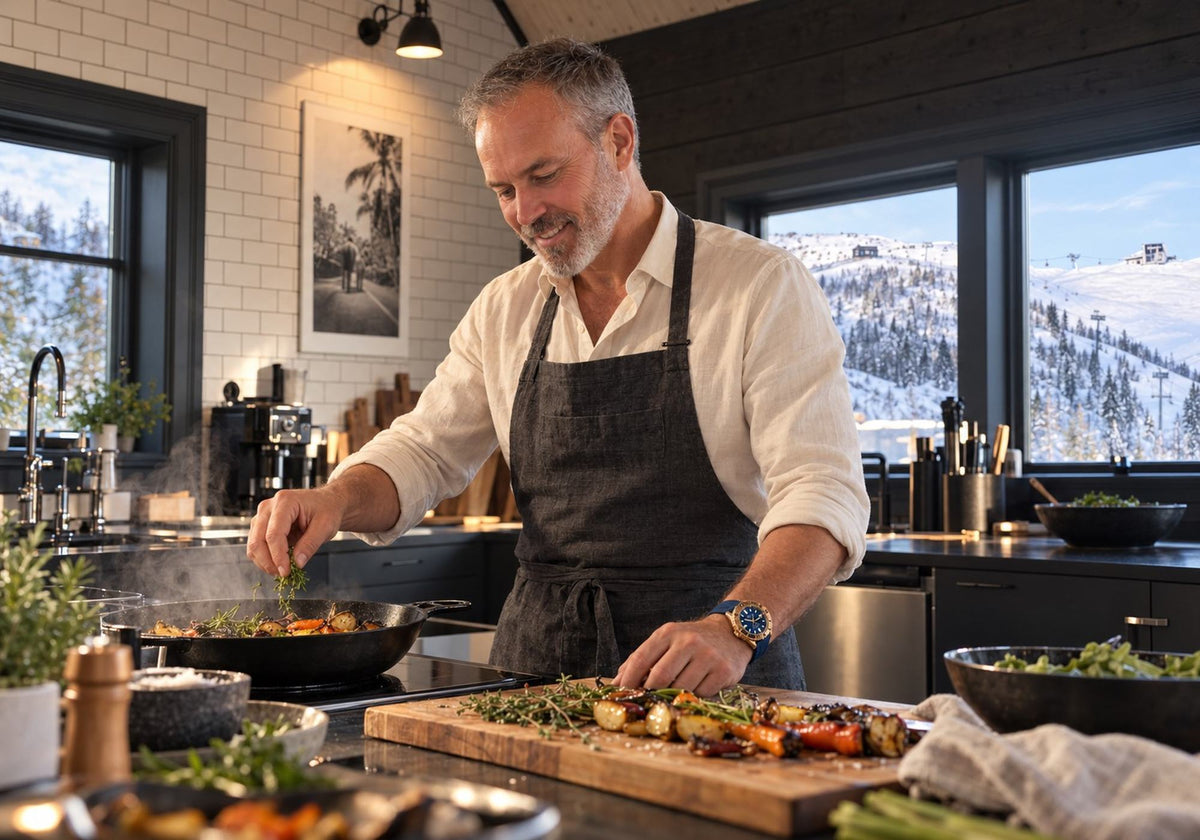 Man wearing a abyss blue SANDAHL AEREUS bronze watch while preparing vegetables in a warm kitchen with winter mountain views in Åre.