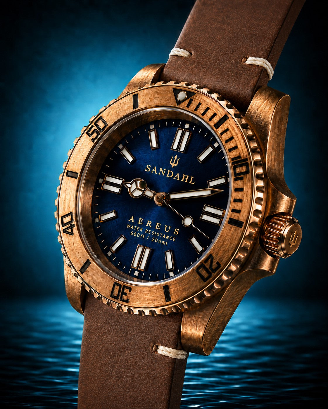 SANDAHL AEREUS Abyss Blue with a deep blue dial, bronze case and brown leather strap with cream stitching, viewed at an angle.