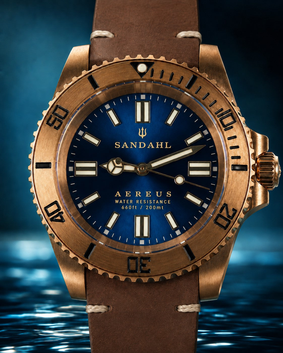 SANDAHL AEREUS Abyss Blue with a deep blue dial, bronze case and brown leather strap with cream stitching, viewed from the front.