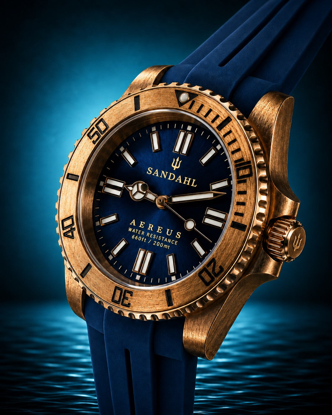 SANDAHL AEREUS Abyss Blue with a deep blue dial, bronze case and navy blue rubber strap, viewed at an angle.