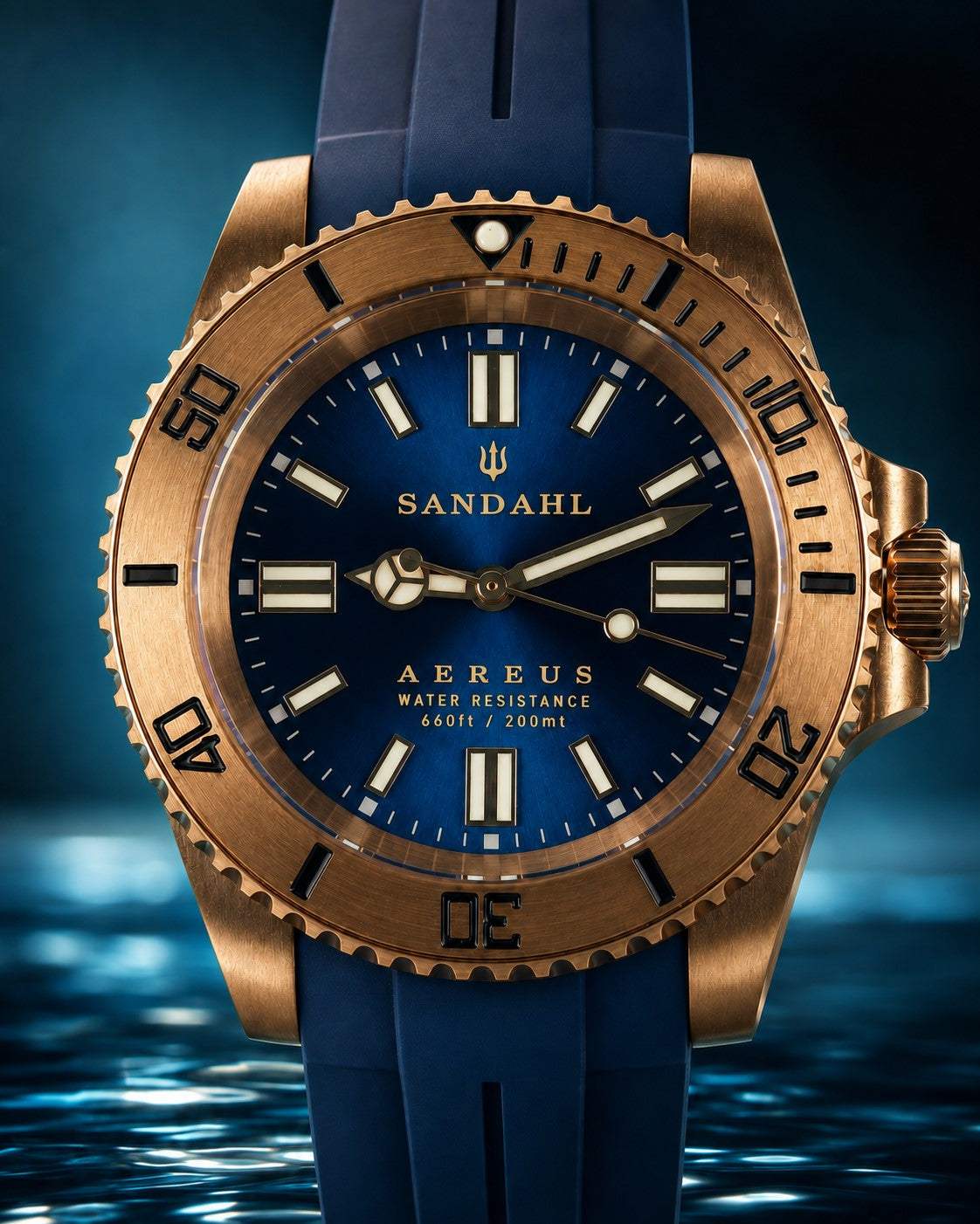 SANDAHL AEREUS Abyss Blue with a deep blue dial, bronze case and navy blue rubber strap, viewed from the front.