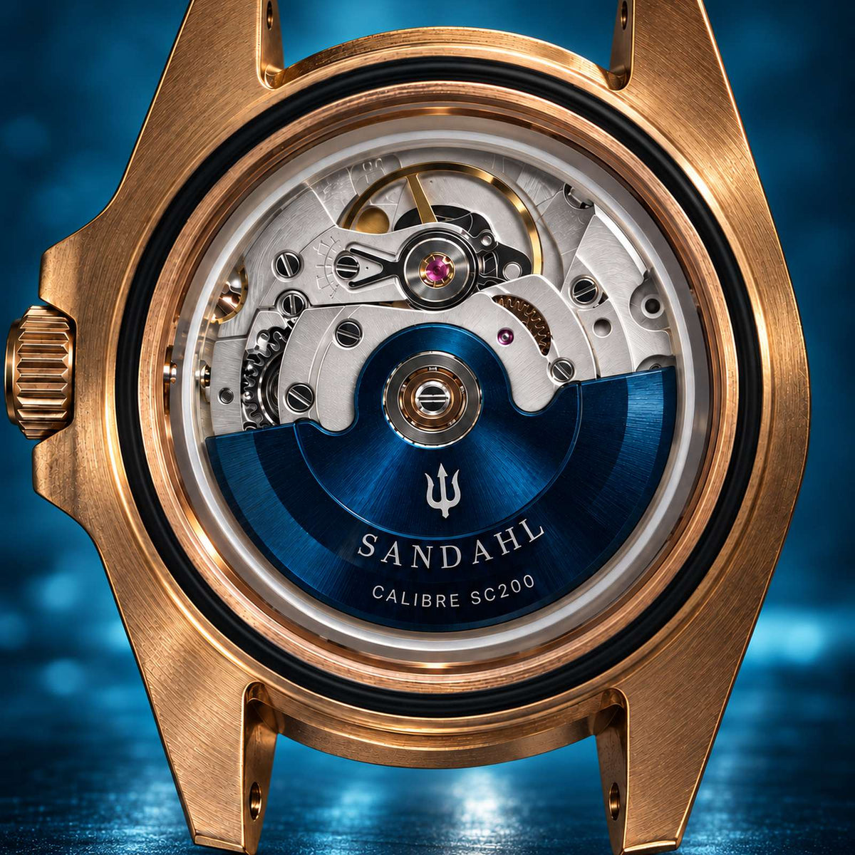 Close-up of the SANDAHL AEREUS movement in its bronze case, with a blue rotor engraved SANDAHL and CALIBRE SC200.