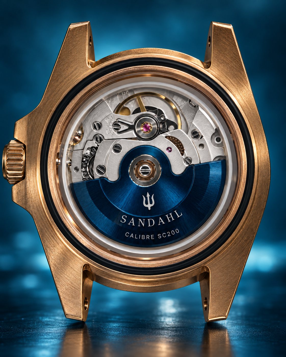 SANDAHL AEREUS bronze watch without a strap or caseback, showing the blue rotor engraved CALIBRE SC200 against a petrol blue background.