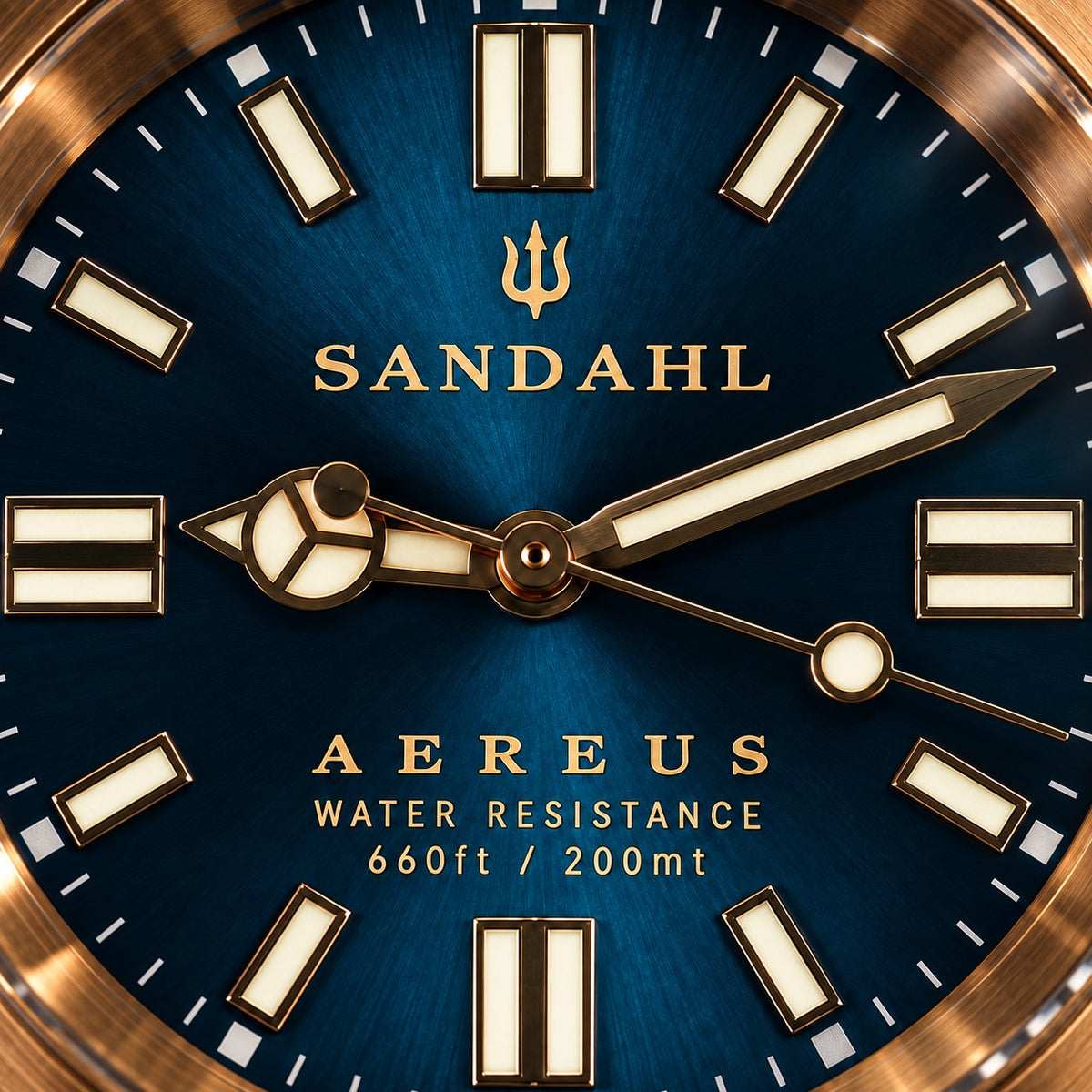 Close-up of the SANDAHL AEREUS Patina Teal sunburst dial with gold-tone hands, luminous indices and a bronze dive bezel.
