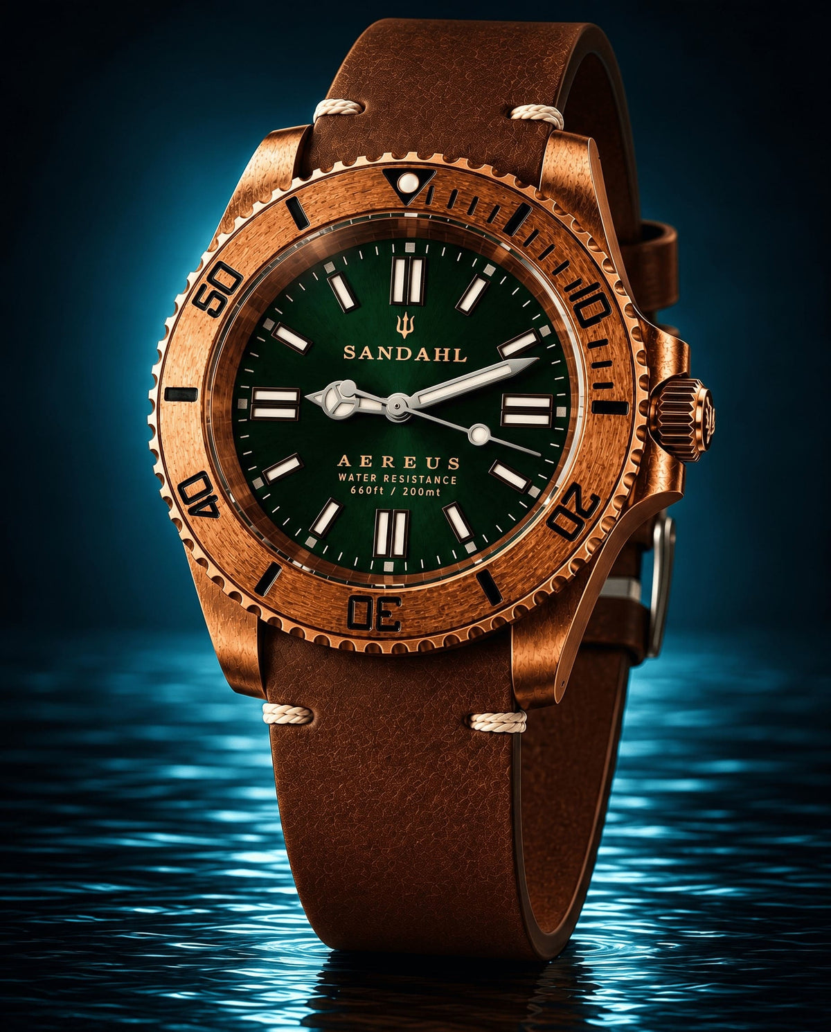 SANDAHL AEREUS Emerald Current with a green dial, bronze case and brown leather strap with cream stitching, viewed at an angle.