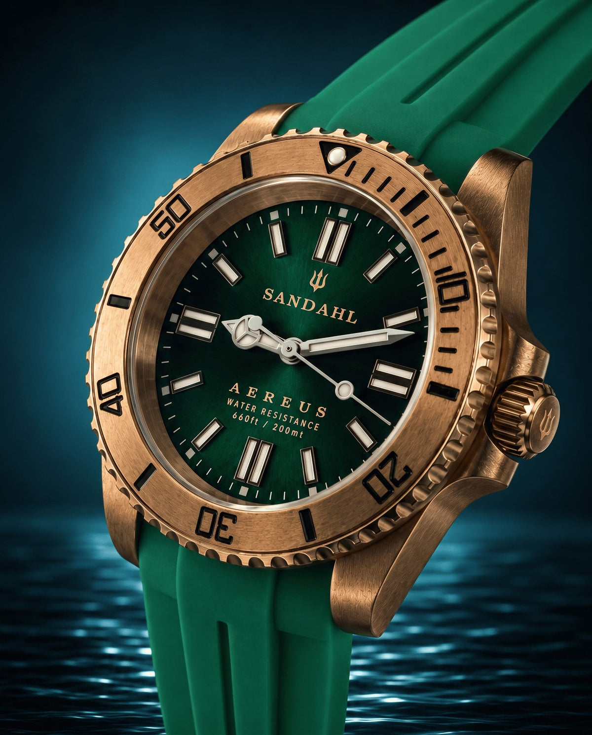 SANDAHL AEREUS Emerald Current with a green dial, bronze case and green rubber strap, viewed at an angle.