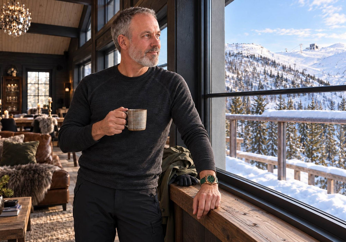 Man wearing a emerald current SANDAHL AEREUS bronze watch while holding a coffee mug beside a window overlooking snowy Åreskutan.