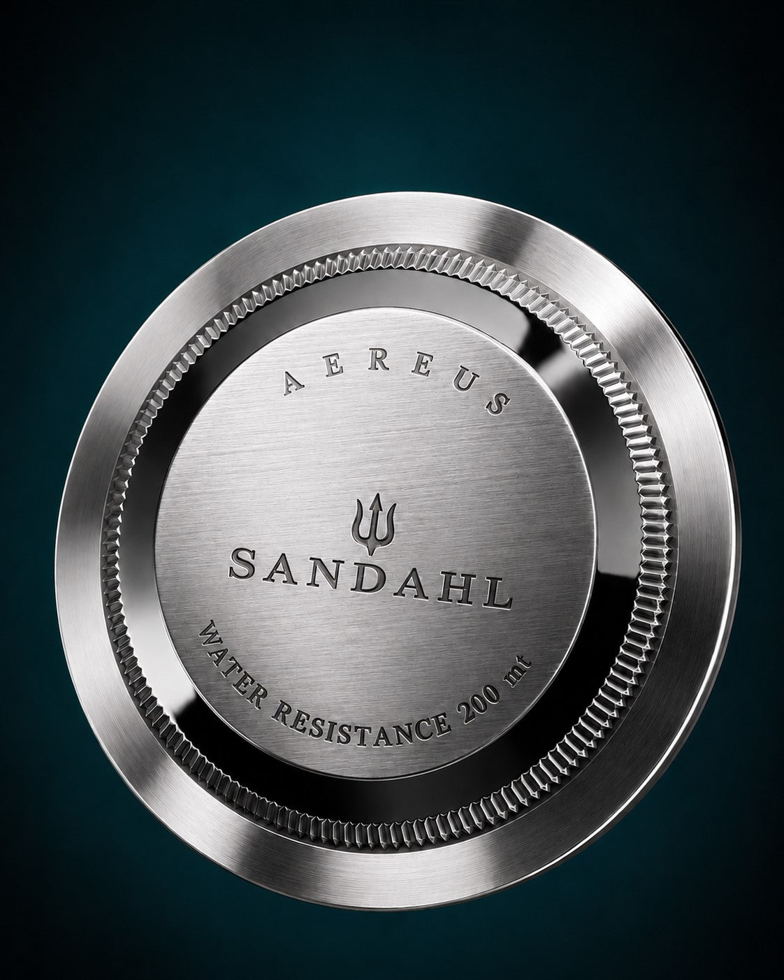 Round stainless steel AEREUS caseback engraved with SANDAHL, the trident and 200 m water resistance.