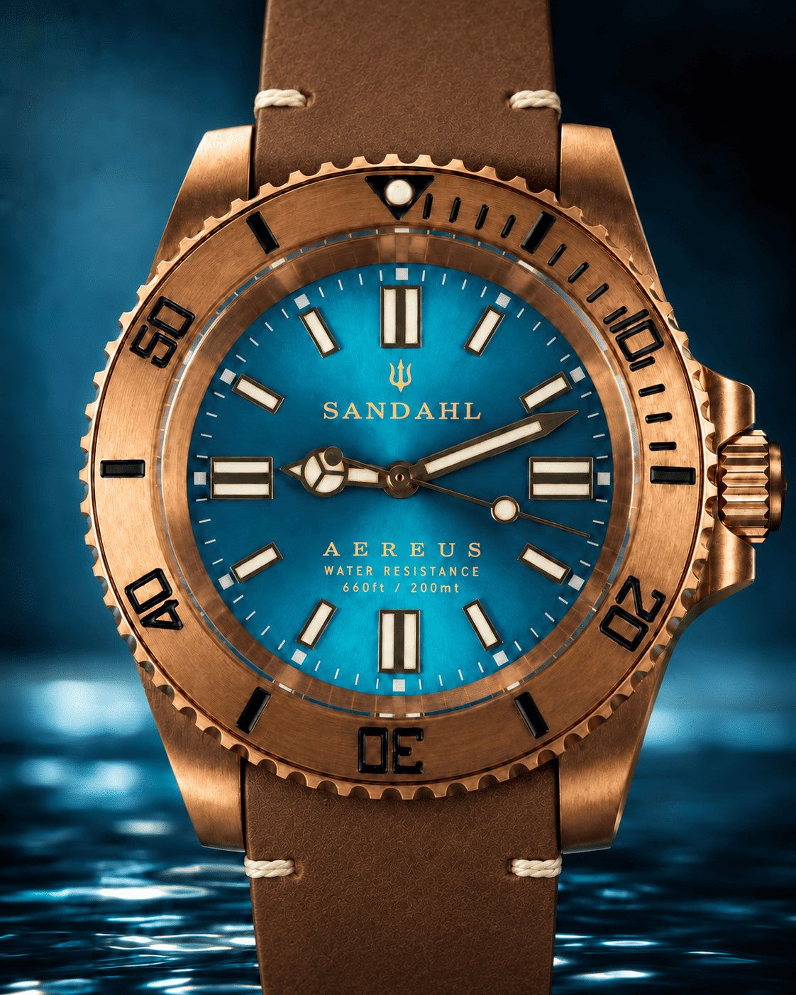 SANDAHL AEREUS Glacial Aqua with an aqua blue dial, bronze case and brown leather strap with cream stitching, viewed from the front.