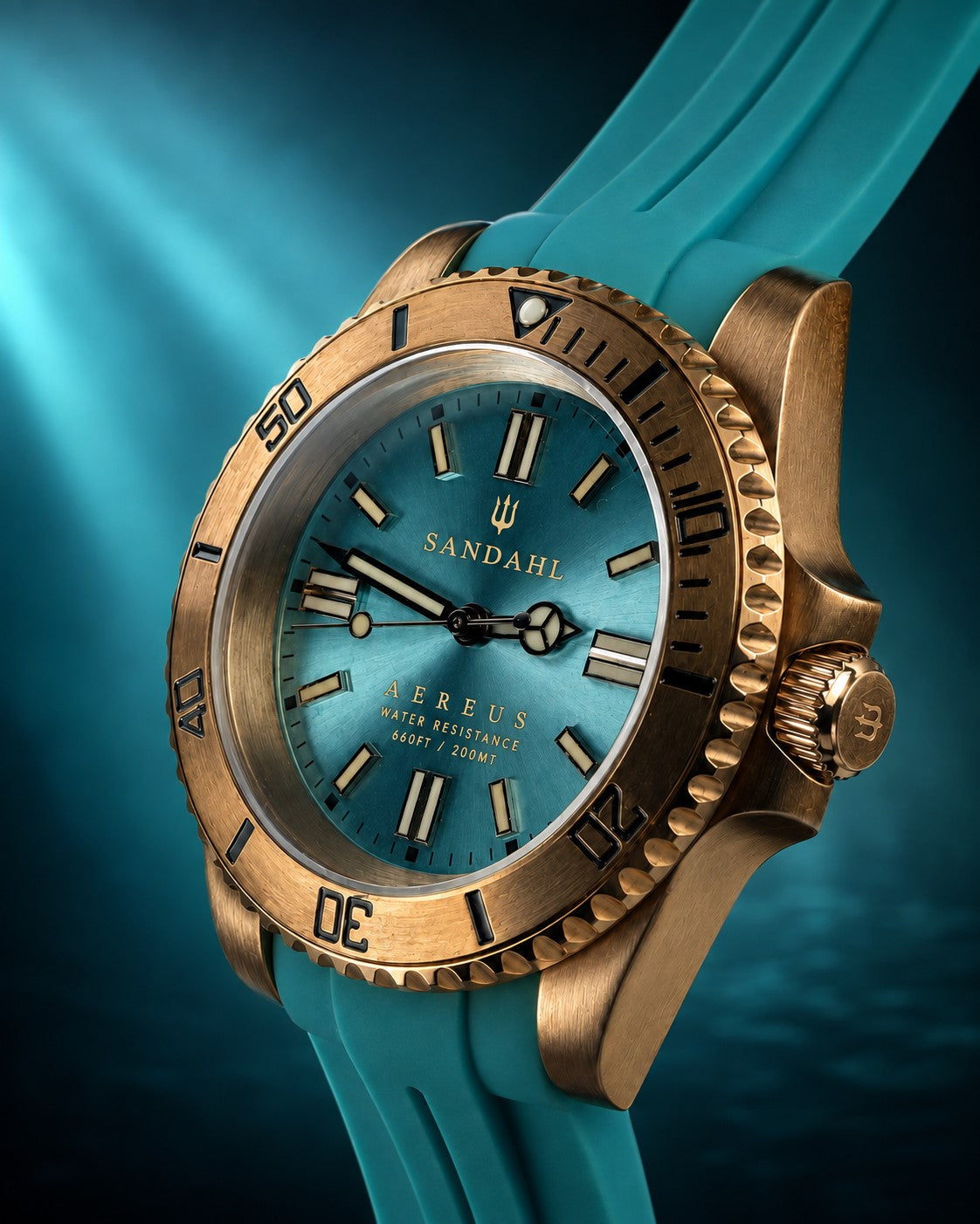 SANDAHL AEREUS Glacial Aqua with an aqua blue dial, bronze case and aqua rubber strap, viewed at an angle.