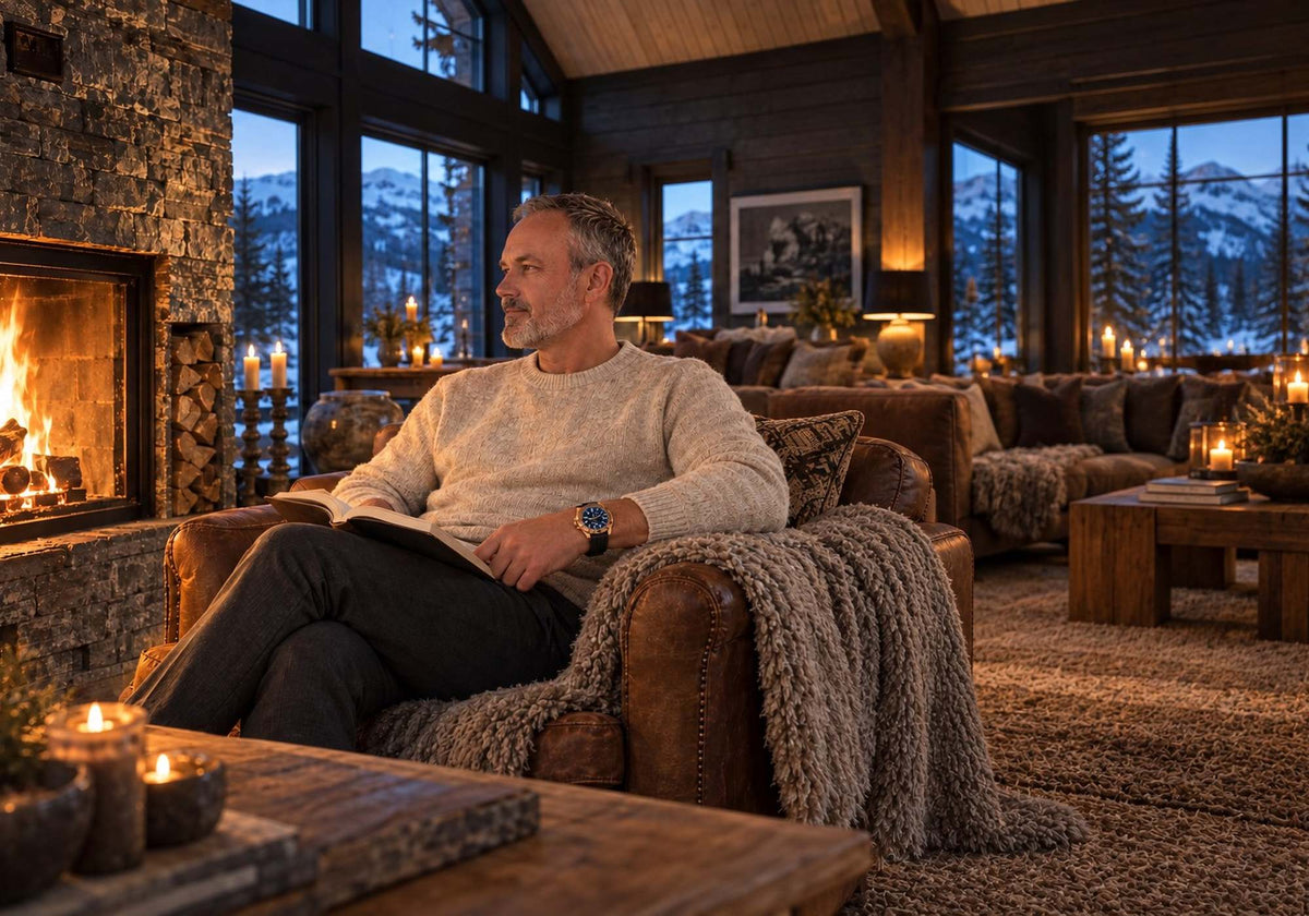 Man wearing a SANDAHL AEREUS bronze watch with a patina teal dial and black strap while relaxing beside a fireplace in Åre.