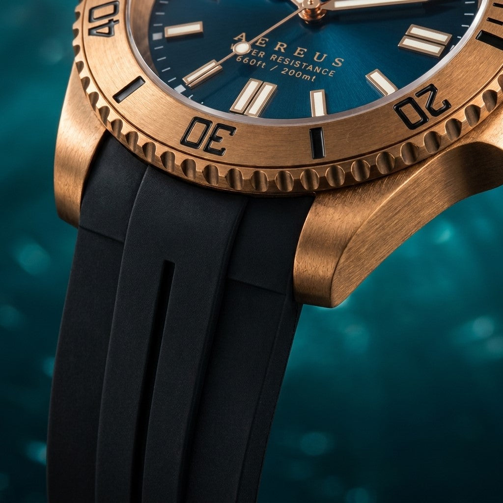 Close-up of the SANDAHL AEREUS Patina Teal brushed bronze case, scalloped dive bezel and black rubber strap.