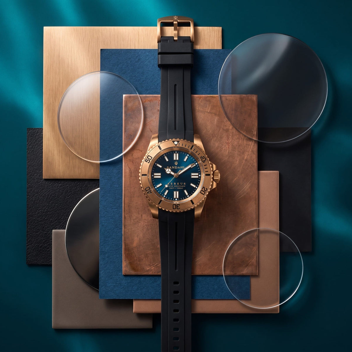 SANDAHL AEREUS Patina Teal bronze watch with dark teal dial and black rubber strap, arranged on bronze, blue and glass samples.