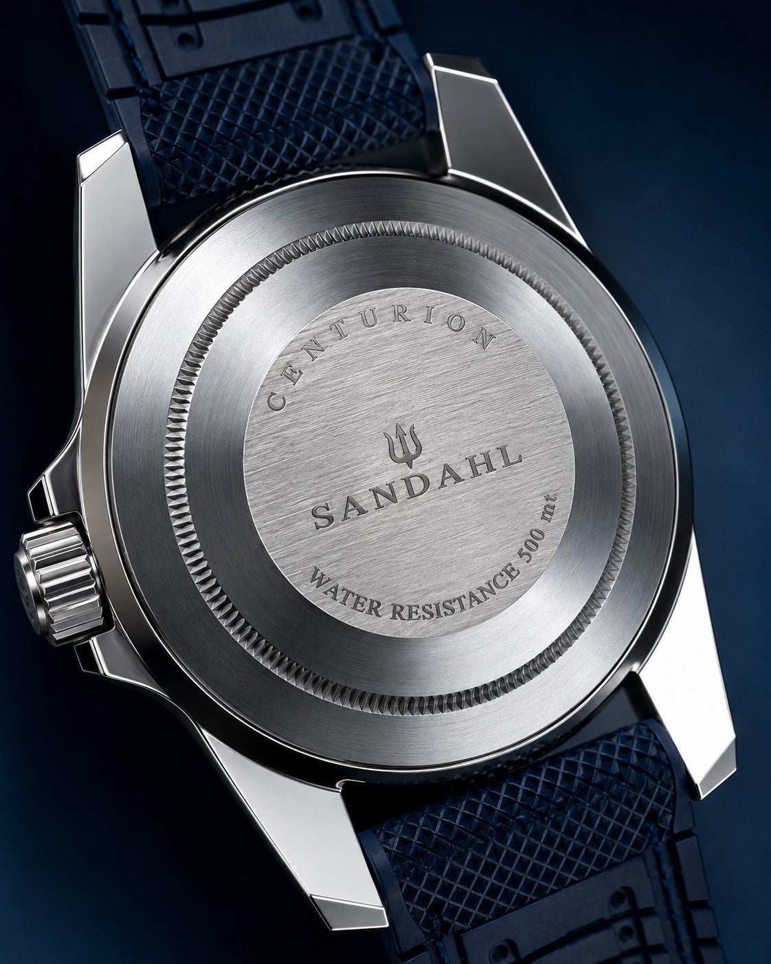 Rear view of SANDAHL CENTURION Abyss Blue with an engraved steel caseback and navy textured strap.