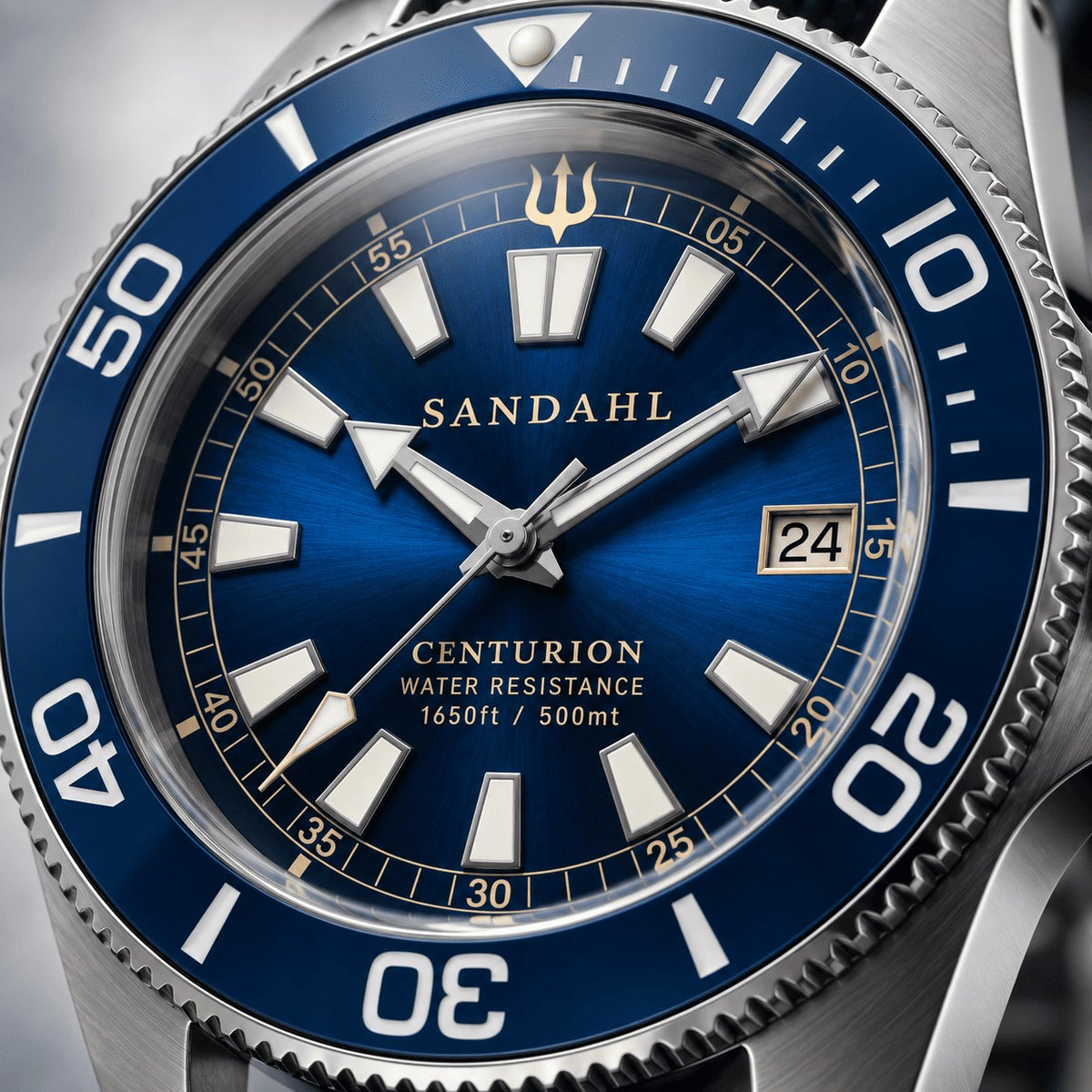 Close-up of the blue SANDAHL CENTURION dial, luminous hour markers, hands and date window.