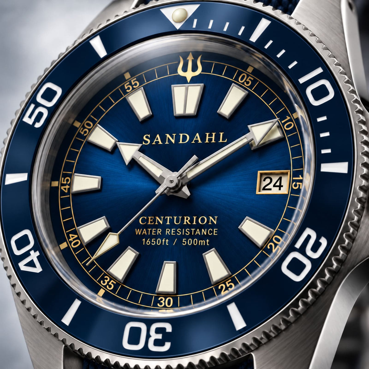 Close-up of the blue SANDAHL CENTURION Abyss Blue dial, luminous hour markers, hands, trident and date window.
