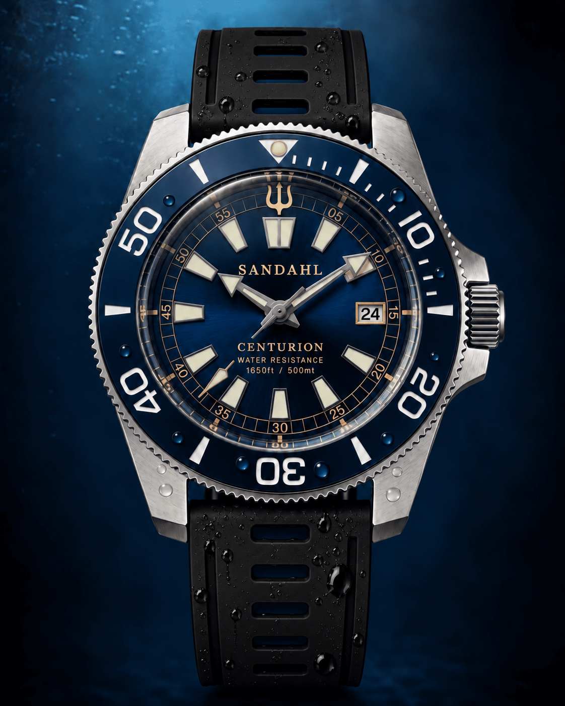 SANDAHL CENTURION Abyss Blue with a blue dial and black ventilated silicone strap, viewed from the front.