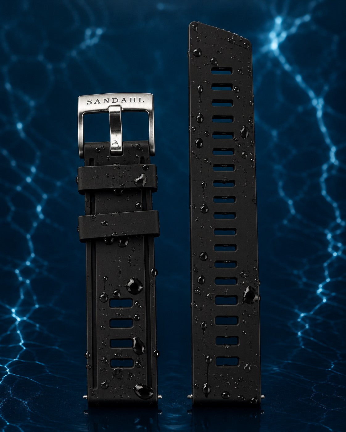 Black ventilated silicone strap and SANDAHL-engraved steel buckle for CENTURION Abyss Blue.