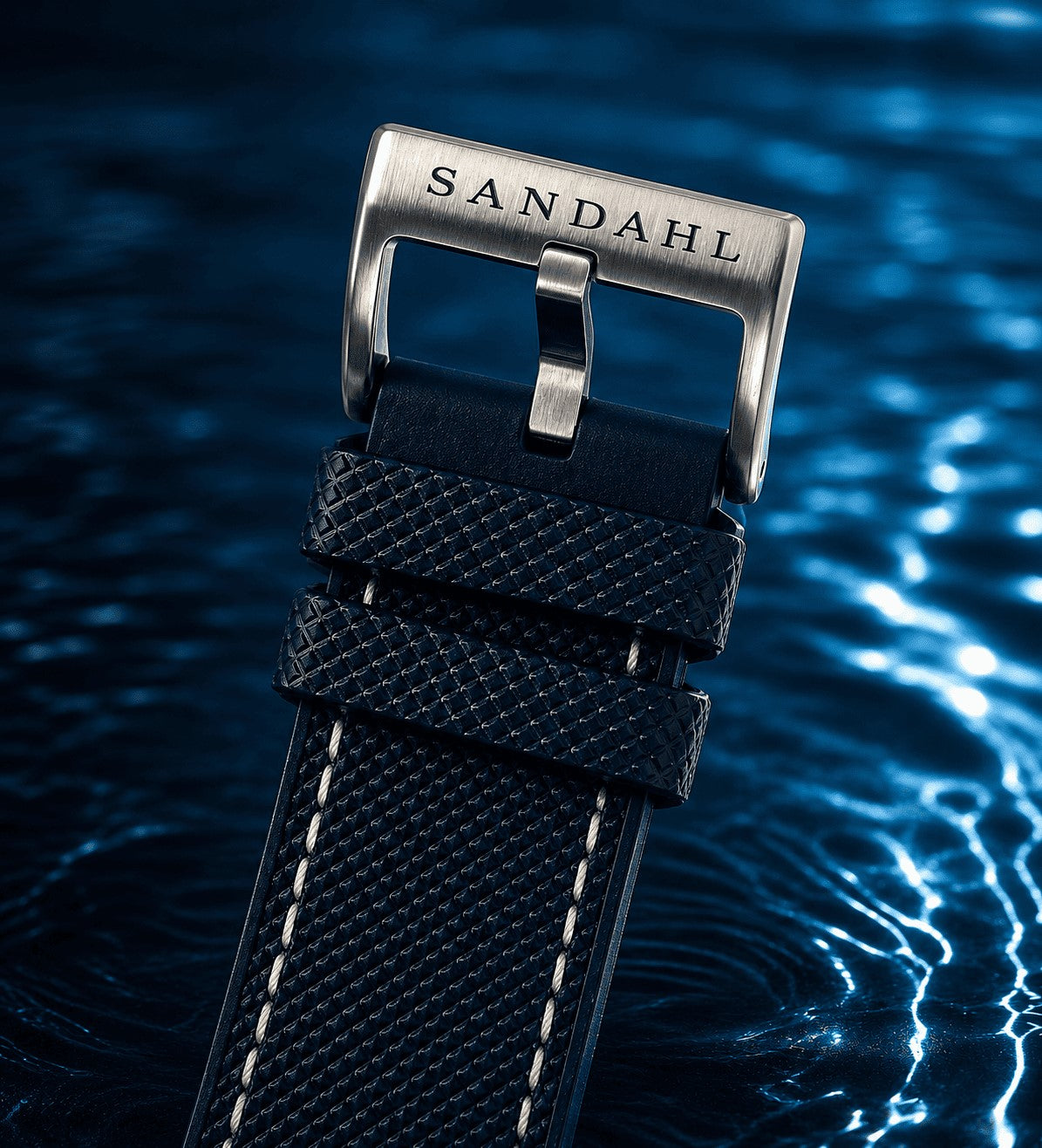 Close-up of the SANDAHL-engraved buckle and navy textured strap on CENTURION Abyss Blue.
