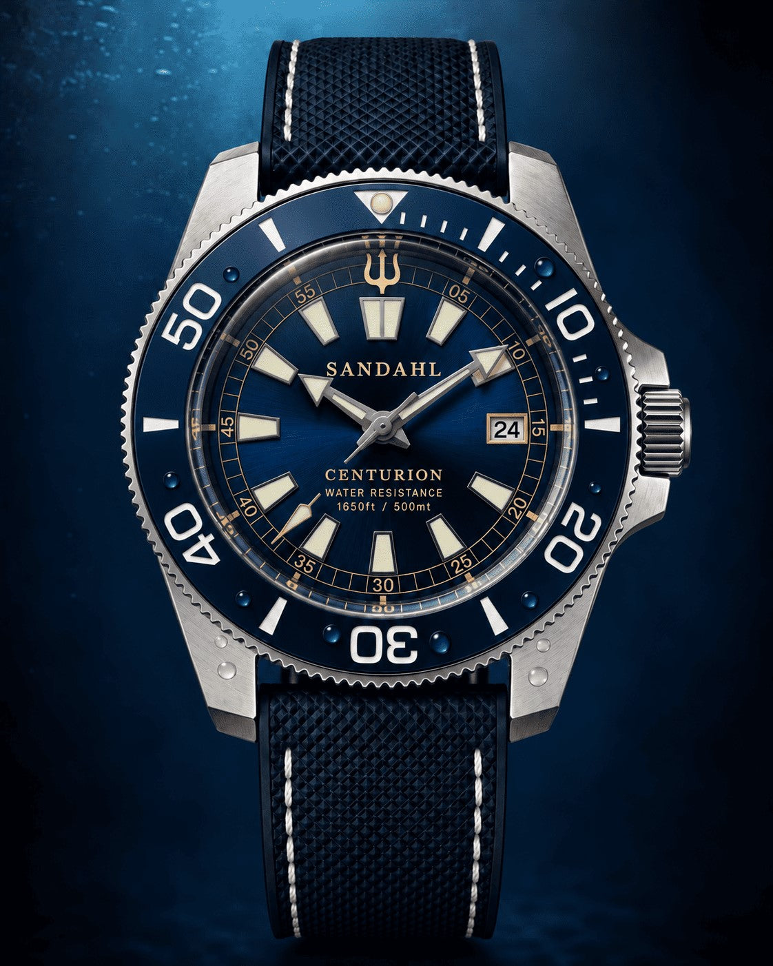 SANDAHL CENTURION Abyss Blue with a blue dial and navy textured strap with contrast stitching, viewed from the front.