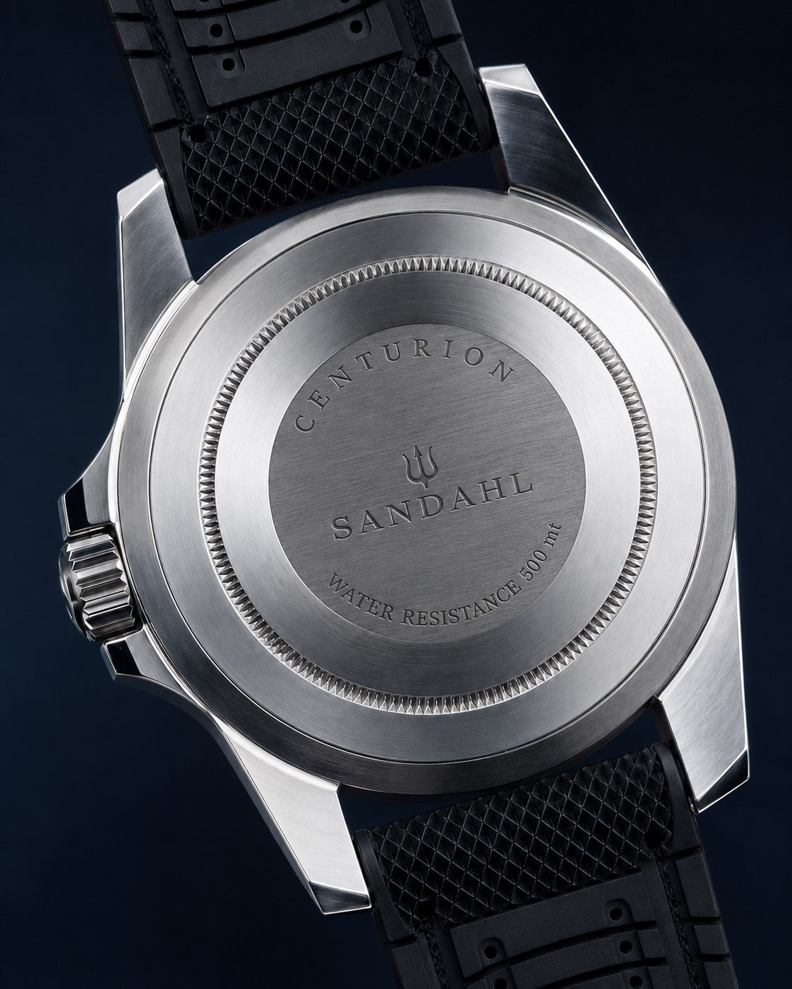 Rear view of SANDAHL CENTURION Blackwater with an engraved steel caseback and black textured strap.