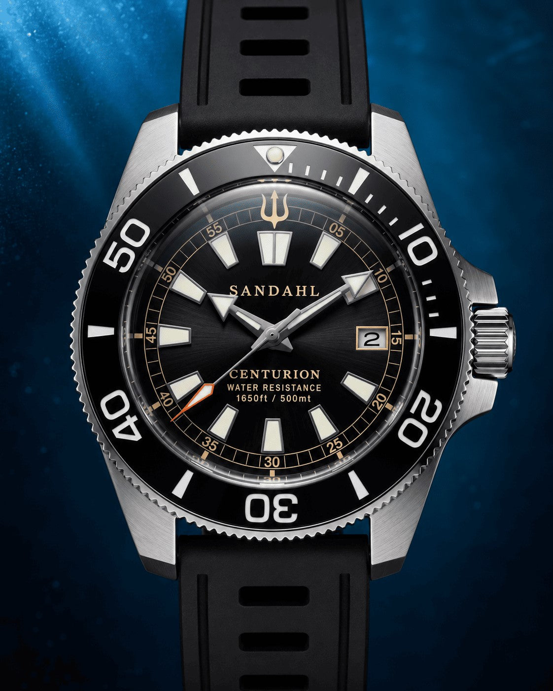 SANDAHL CENTURION Blackwater with a black dial and black ventilated silicone strap, viewed from the front.