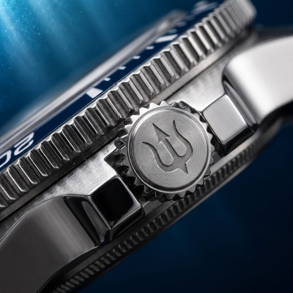 Close-up of the SANDAHL CENTURION stainless steel crown with engraved trident, brushed case and blue ceramic dive bezel.