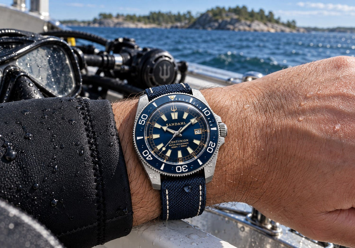 SANDAHL CENTURION with blue dial and navy sailcloth strap on a diver’s wrist aboard a boat in the Swedish archipelago.