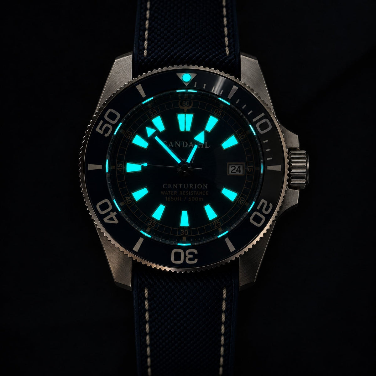 SANDAHL CENTURION watch with luminous hands and hour markers, shown on a black strap against a dark background.