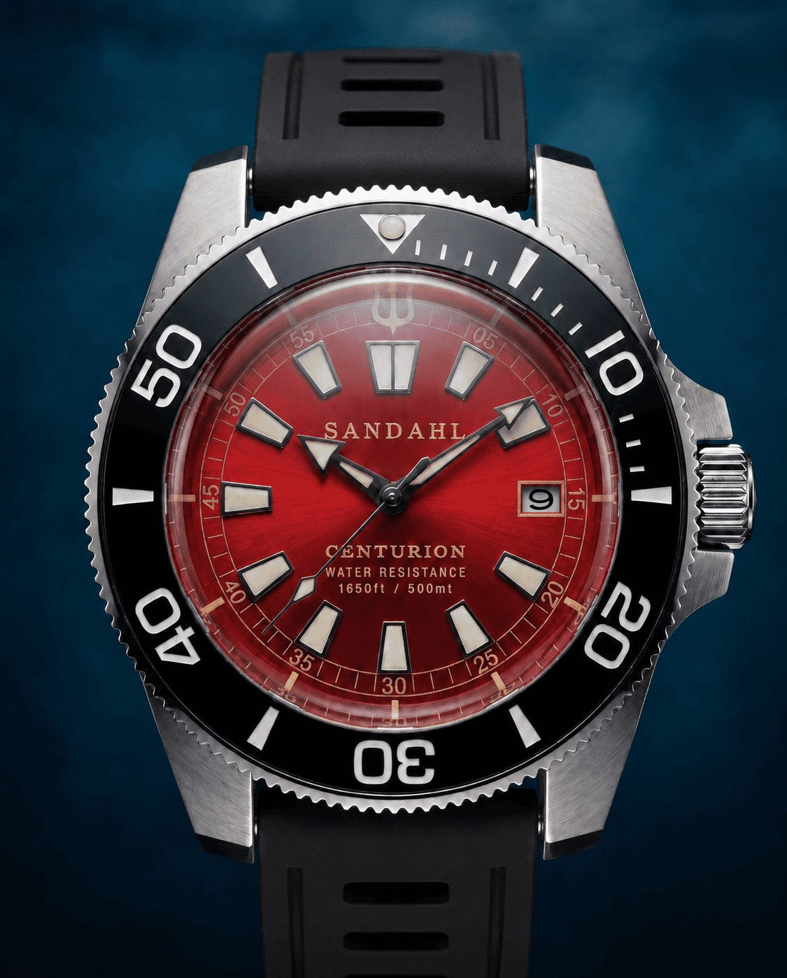 SANDAHL CENTURION Signal Red with a red dial and black ventilated silicone strap, viewed from the front.