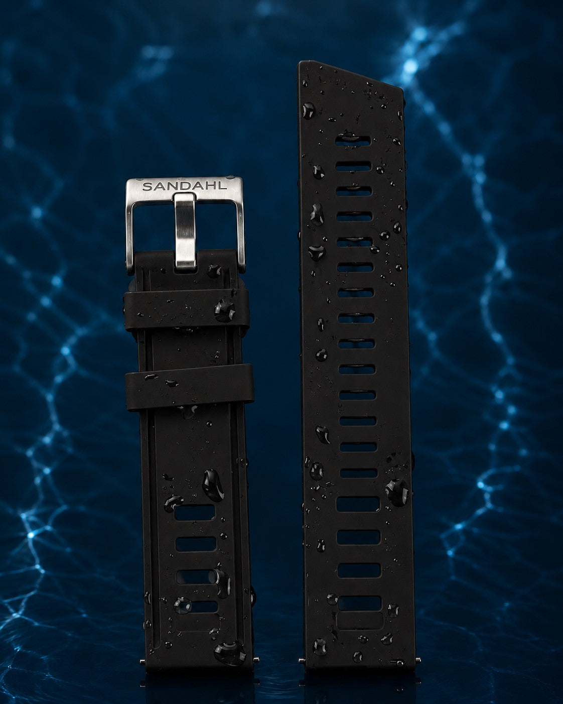 Black ventilated silicone strap and SANDAHL-engraved steel buckle for CENTURION Signal Red.