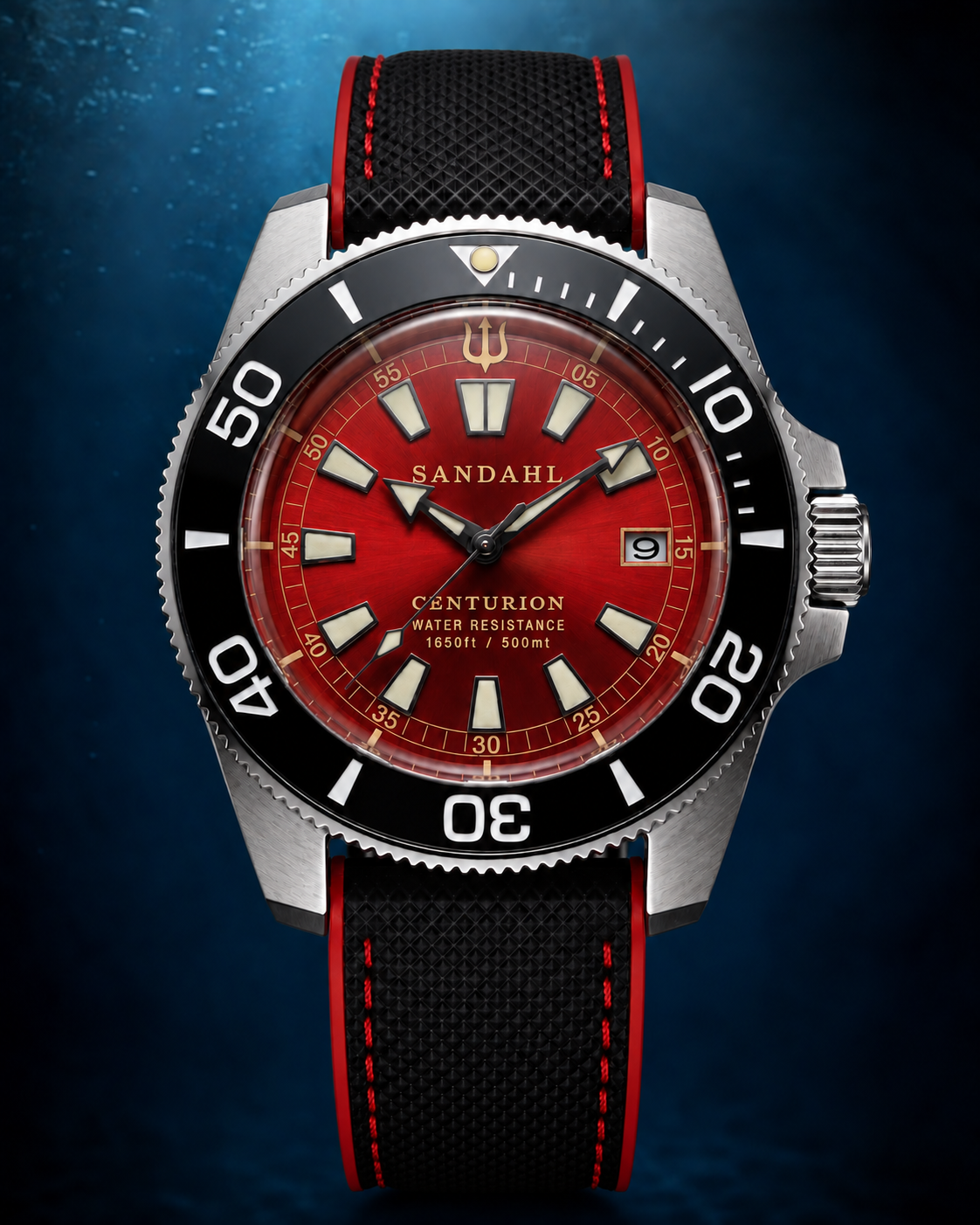 SANDAHL CENTURION Signal Red with a red dial and black and red textured strap with contrast stitching, viewed from the front.