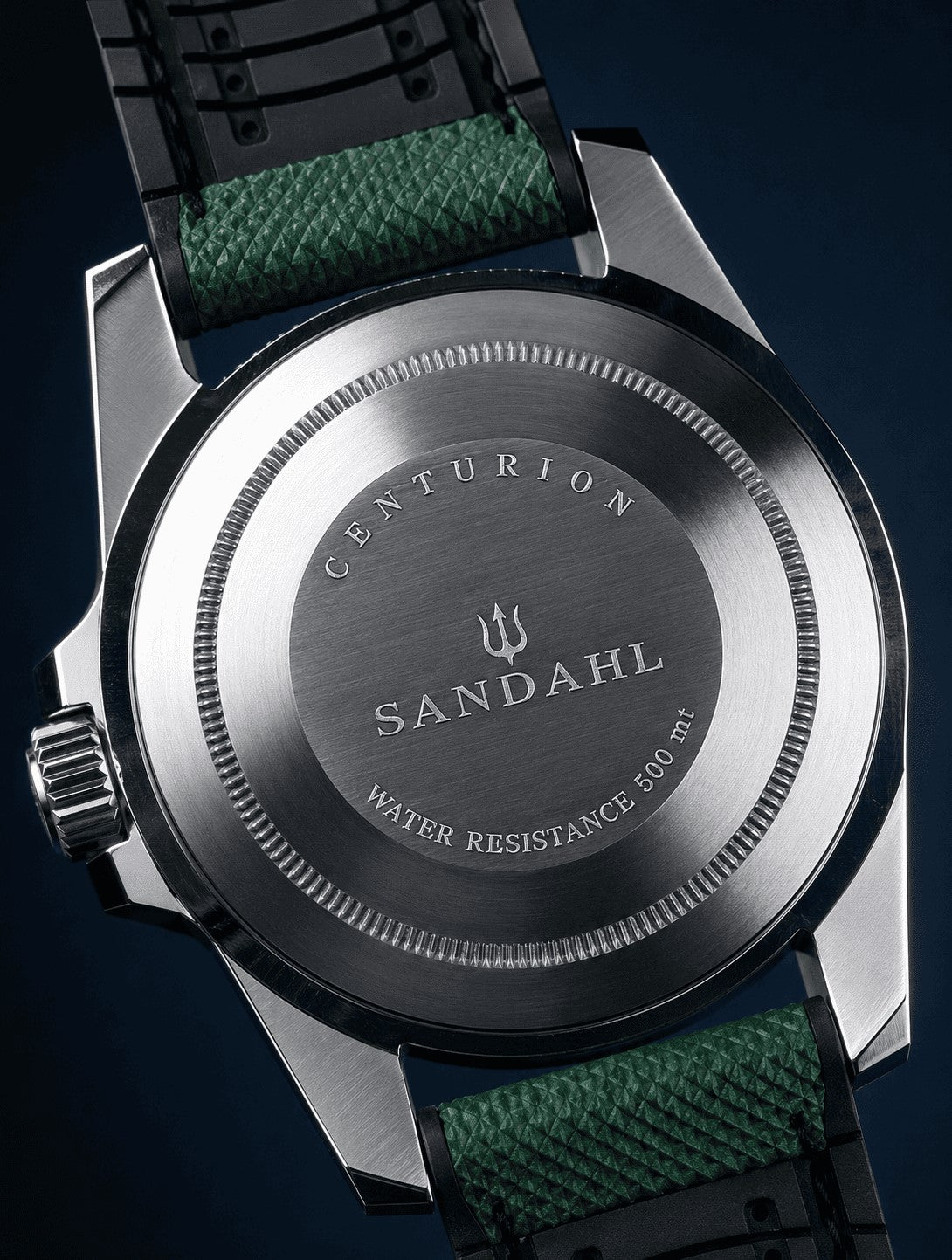 Rear view of SANDAHL CENTURION Trench Green with an engraved steel caseback and green textured strap.